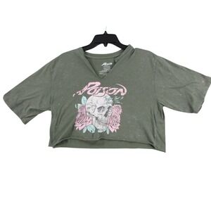 Poison Band T-Shirt Womens‎ XS Olive Green Mineral Wash Skull Rose Cropped Tee